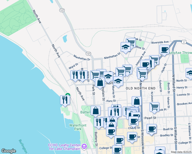map of restaurants, bars, coffee shops, grocery stores, and more near 175 Park Street in Burlington