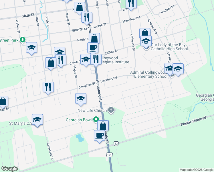 map of restaurants, bars, coffee shops, grocery stores, and more near 5 Brock Crescent in Collingwood