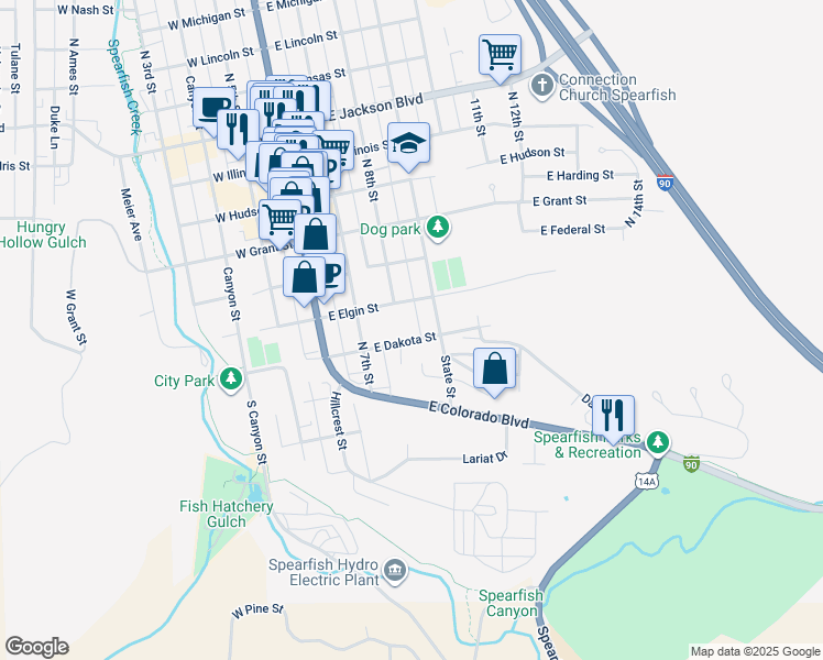 map of restaurants, bars, coffee shops, grocery stores, and more near 306 East Dakota Street in Spearfish