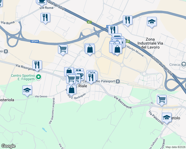 map of restaurants, bars, coffee shops, grocery stores, and more near 6 Piazza Aldo Moro in Zola Predosa