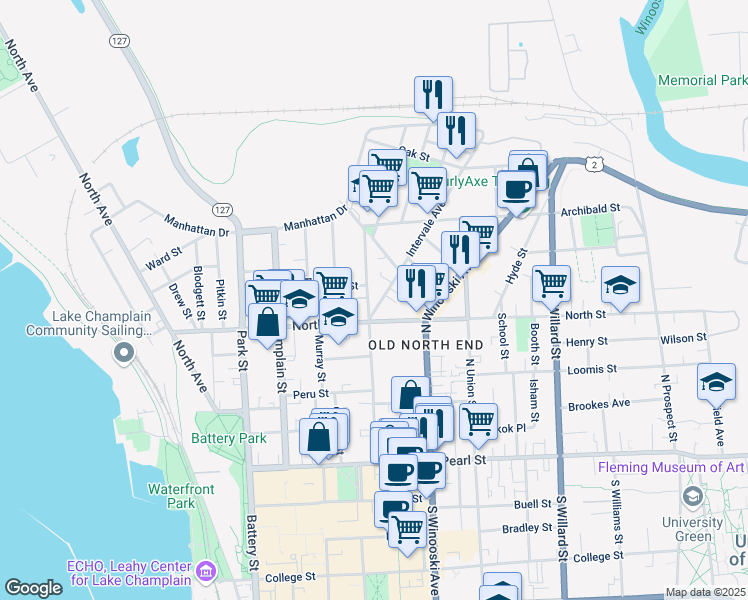map of restaurants, bars, coffee shops, grocery stores, and more near 176 Elmwood Avenue in Burlington