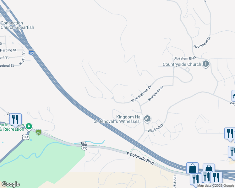 map of restaurants, bars, coffee shops, grocery stores, and more near 708 Pro Rodeo Drive in Spearfish