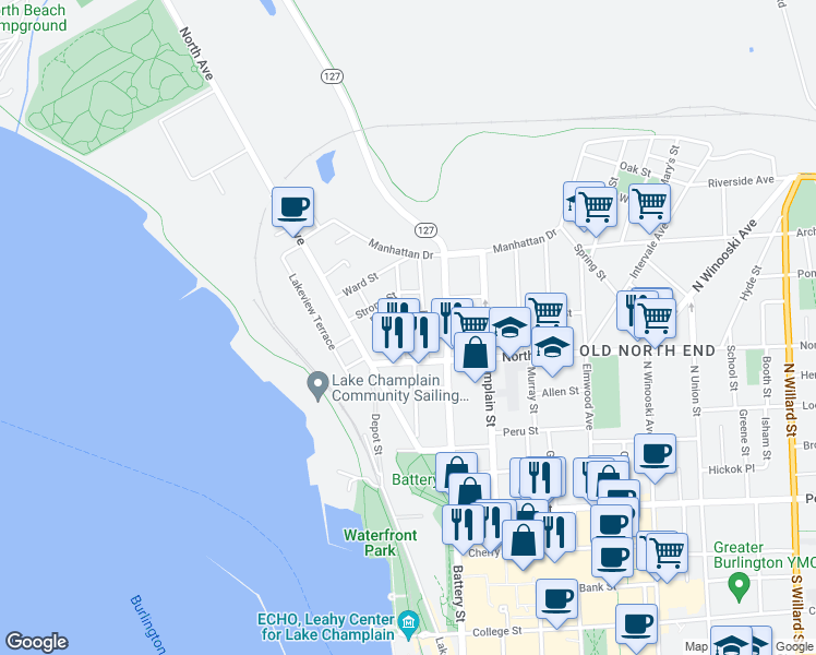 map of restaurants, bars, coffee shops, grocery stores, and more near 36 Blodgett Street in Burlington