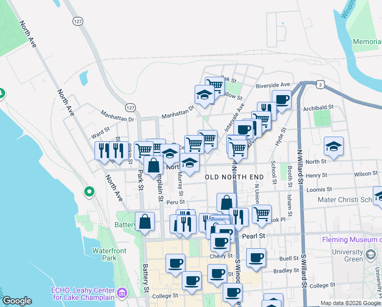 map of restaurants, bars, coffee shops, grocery stores, and more near 26 Lafountain Street in Burlington