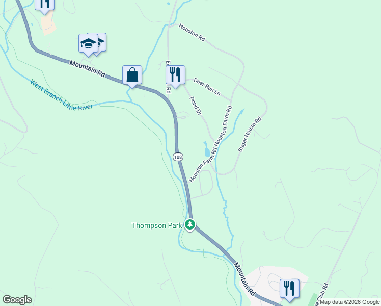 map of restaurants, bars, coffee shops, grocery stores, and more near 89 Houston Farm Rd in Stowe