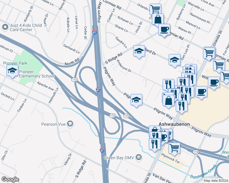map of restaurants, bars, coffee shops, grocery stores, and more near 1069 Pilgrim Way in Green Bay