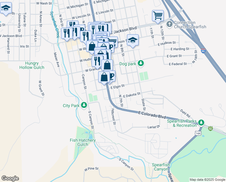 map of restaurants, bars, coffee shops, grocery stores, and more near 239 1/2 North 7th Street in Spearfish