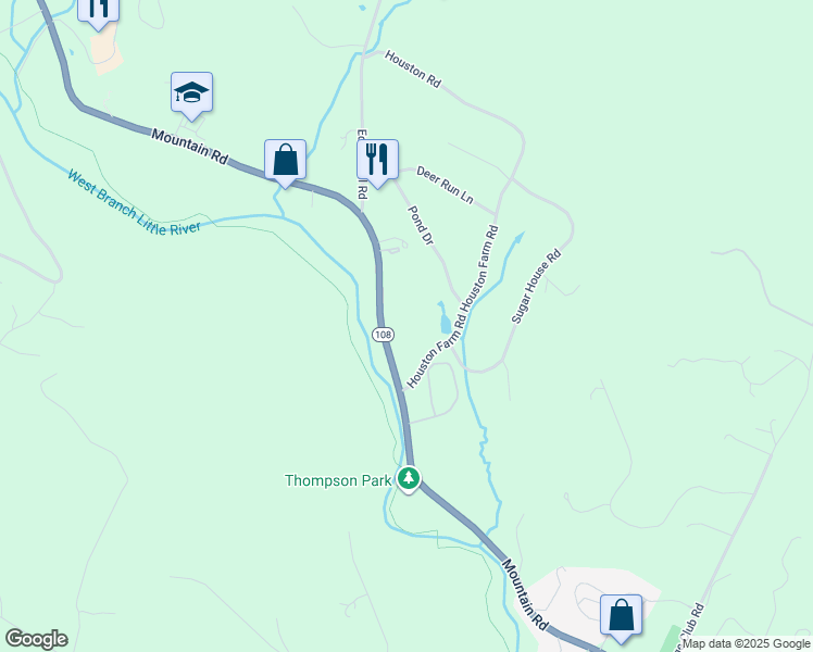 map of restaurants, bars, coffee shops, grocery stores, and more near 89 Houston Farm Road in Stowe