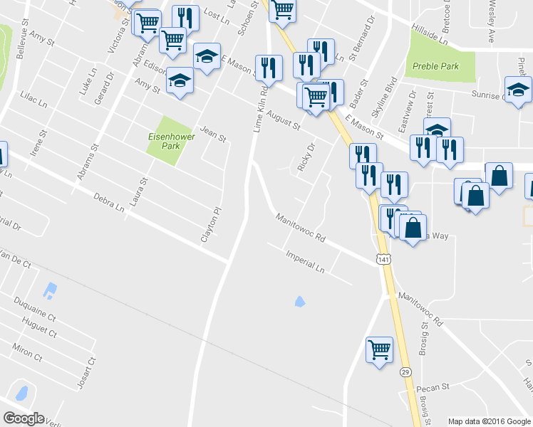 map of restaurants, bars, coffee shops, grocery stores, and more near 2044 Manitowoc Road in Green Bay