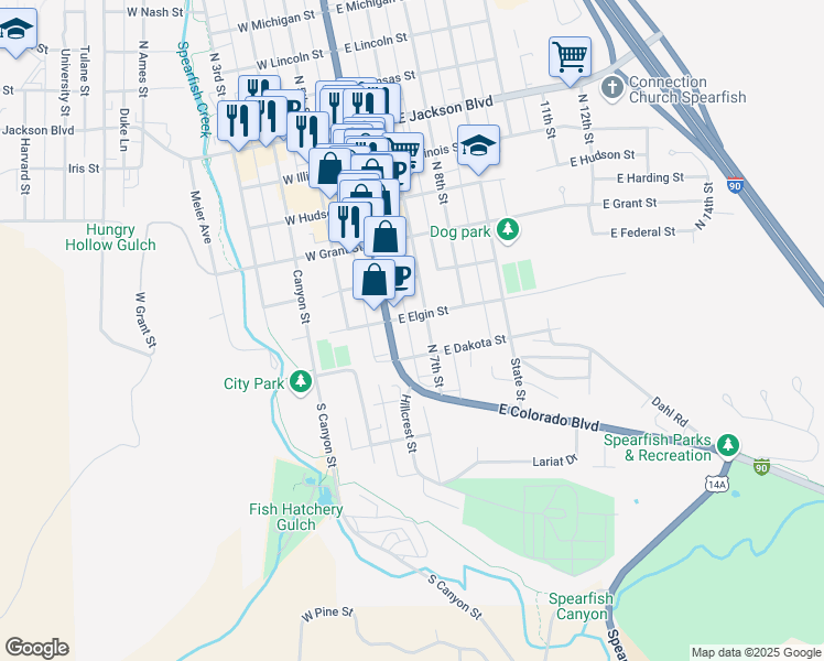 map of restaurants, bars, coffee shops, grocery stores, and more near 239 1/2 North 7th Street in Spearfish