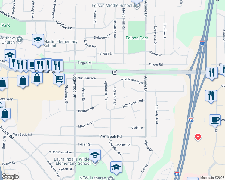 map of restaurants, bars, coffee shops, grocery stores, and more near 834 Holschuh Lane in Green Bay