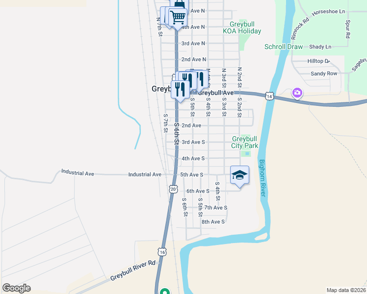 map of restaurants, bars, coffee shops, grocery stores, and more near 300 South 5th Street in Greybull