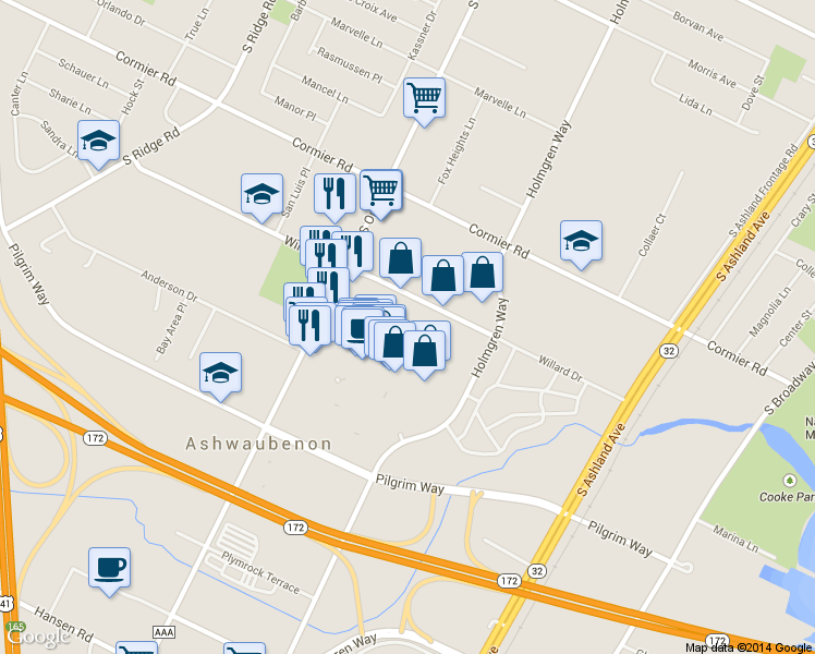 map of restaurants, bars, coffee shops, grocery stores, and more near 781 Willard Drive in Green Bay