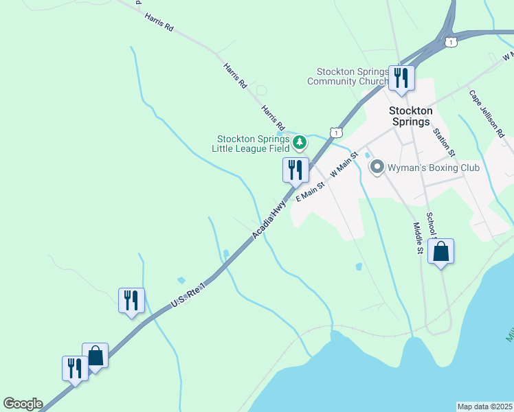 map of restaurants, bars, coffee shops, grocery stores, and more near 460 Main Street in Searsport