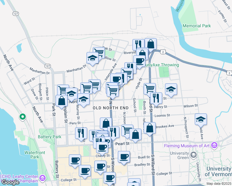 map of restaurants, bars, coffee shops, grocery stores, and more near 186 North Winooski Avenue in Burlington