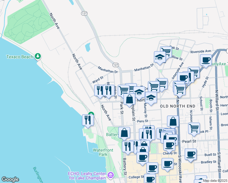 map of restaurants, bars, coffee shops, grocery stores, and more near 36 Blodgett Street in Burlington