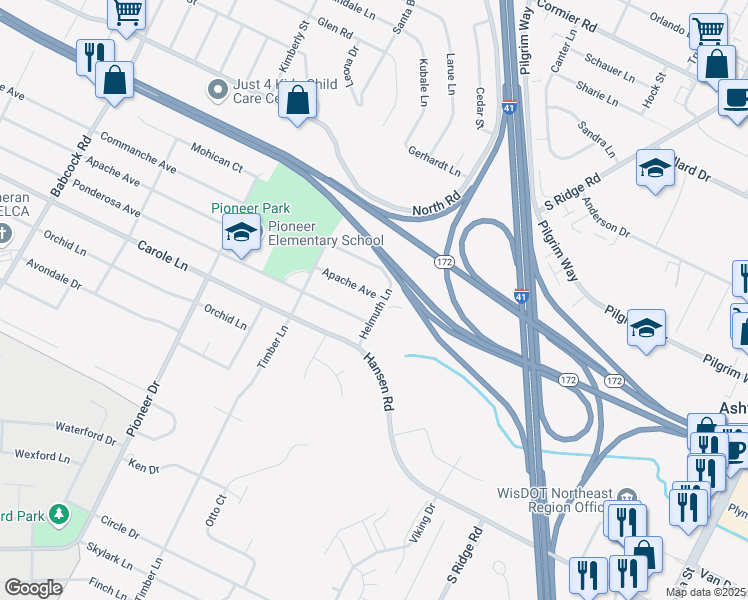 map of restaurants, bars, coffee shops, grocery stores, and more near 1249 Apache Avenue in Green Bay