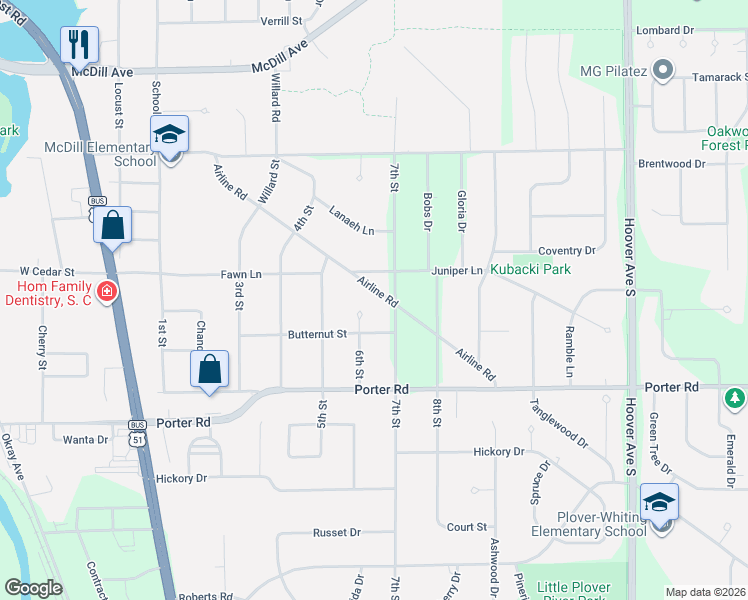 map of restaurants, bars, coffee shops, grocery stores, and more near 741 Airline Road in Plover