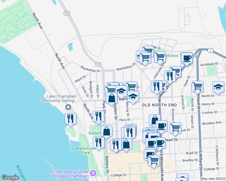 map of restaurants, bars, coffee shops, grocery stores, and more near 173 North Champlain Street in Burlington