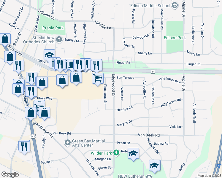 map of restaurants, bars, coffee shops, grocery stores, and more near 830 Edgewood Drive in Green Bay