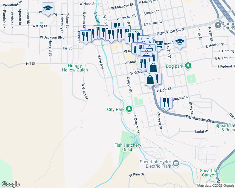 map of restaurants, bars, coffee shops, grocery stores, and more near 325 North 3rd Street in Spearfish