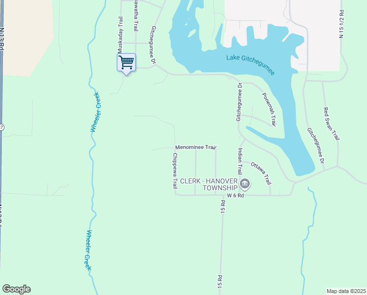 map of restaurants, bars, coffee shops, grocery stores, and more near Menominee Trail in Wexford County