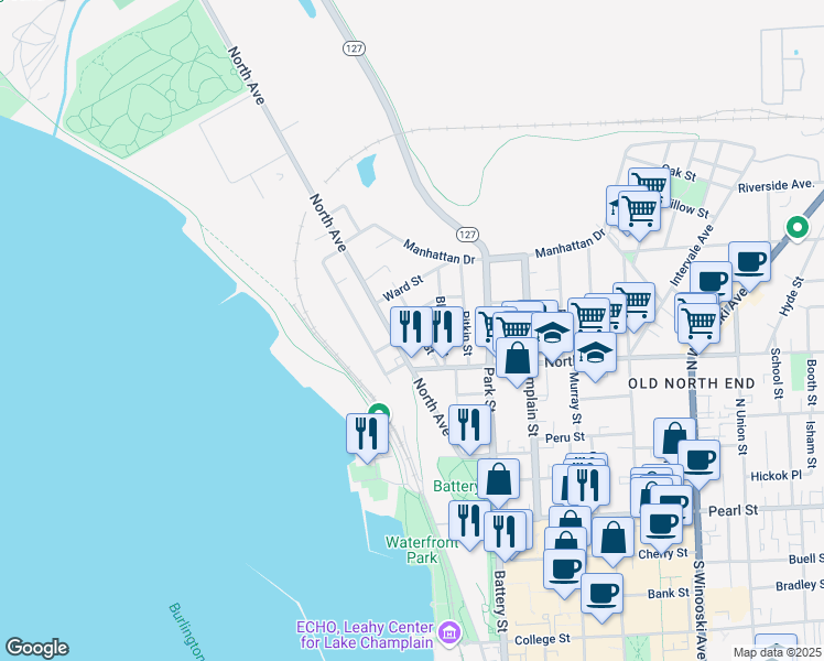 map of restaurants, bars, coffee shops, grocery stores, and more near 47 Drew Street in Burlington