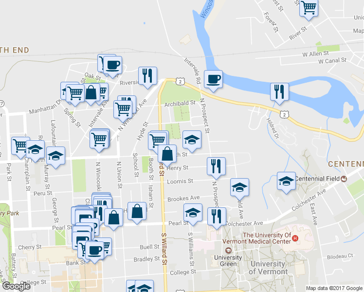 map of restaurants, bars, coffee shops, grocery stores, and more near 440 North Street in Burlington