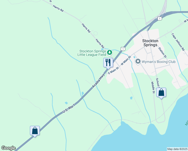 map of restaurants, bars, coffee shops, grocery stores, and more near 460 Main Street in Searsport