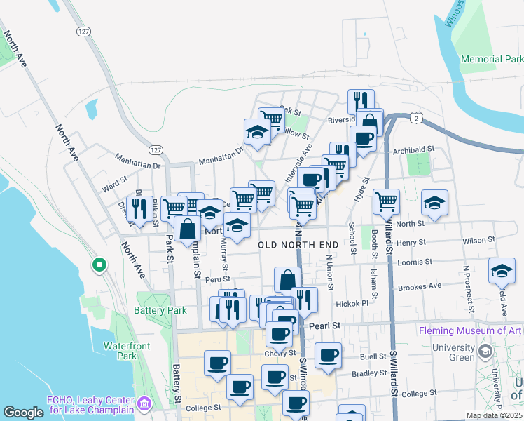 map of restaurants, bars, coffee shops, grocery stores, and more near 176 Elmwood Avenue in Burlington