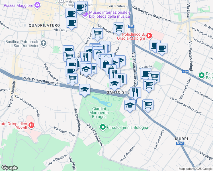 map of restaurants, bars, coffee shops, grocery stores, and more near 6 Piazza del Baraccano in Bologna