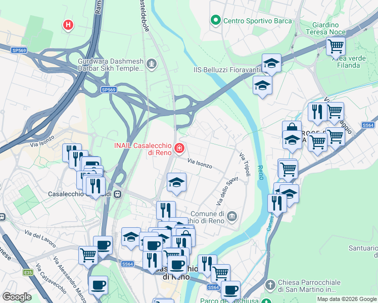 map of restaurants, bars, coffee shops, grocery stores, and more near 8 Via Isonzo in Casalecchio di Reno