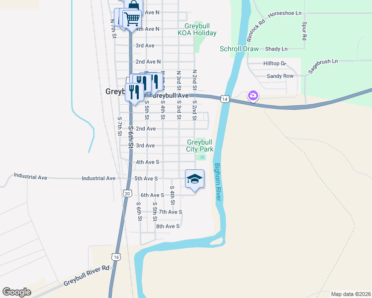 map of restaurants, bars, coffee shops, grocery stores, and more near 225 3rd Avenue South in Greybull