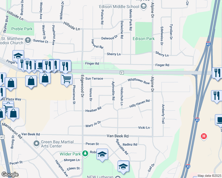 map of restaurants, bars, coffee shops, grocery stores, and more near 2582 Wildflower Row in Green Bay