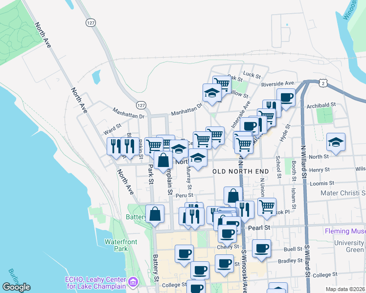 map of restaurants, bars, coffee shops, grocery stores, and more near 122 North Street in Burlington