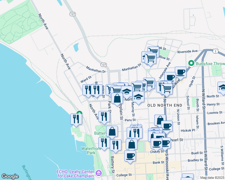 map of restaurants, bars, coffee shops, grocery stores, and more near 175 Park Street in Burlington