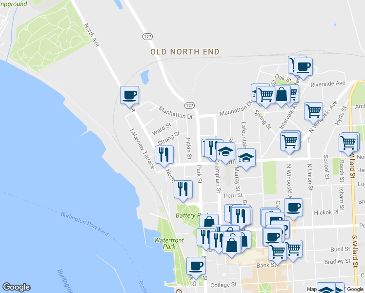 map of restaurants, bars, coffee shops, grocery stores, and more near 36 Blodgett Street in Burlington