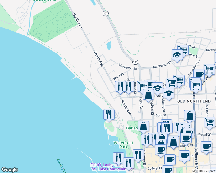 map of restaurants, bars, coffee shops, grocery stores, and more near 60 Lakeview Terrace in Burlington