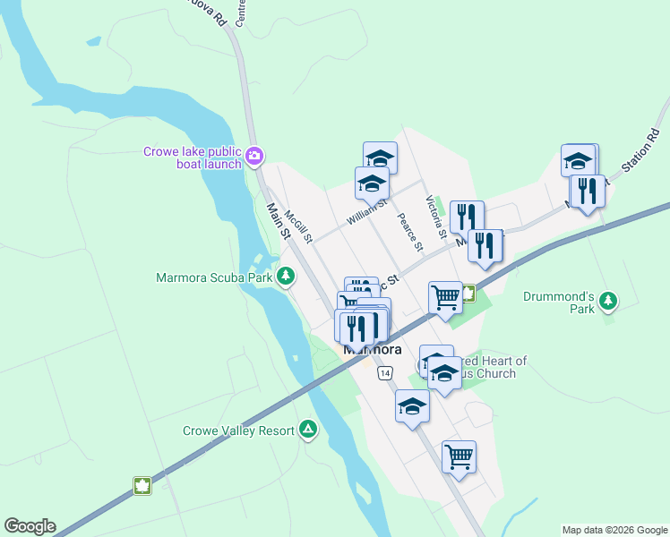 map of restaurants, bars, coffee shops, grocery stores, and more near 18 McGill Street in Marmora