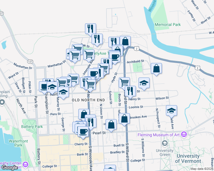 map of restaurants, bars, coffee shops, grocery stores, and more near 29 Hyde Street in Burlington
