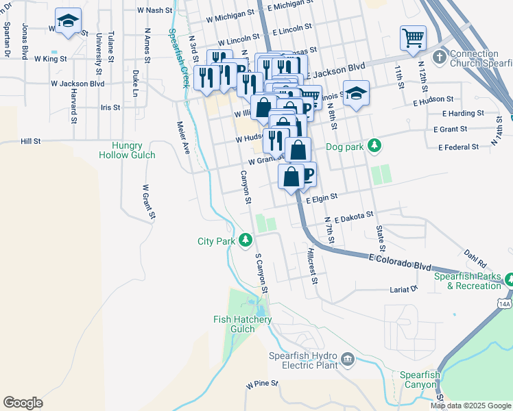 map of restaurants, bars, coffee shops, grocery stores, and more near 235 Elgin Street in Spearfish