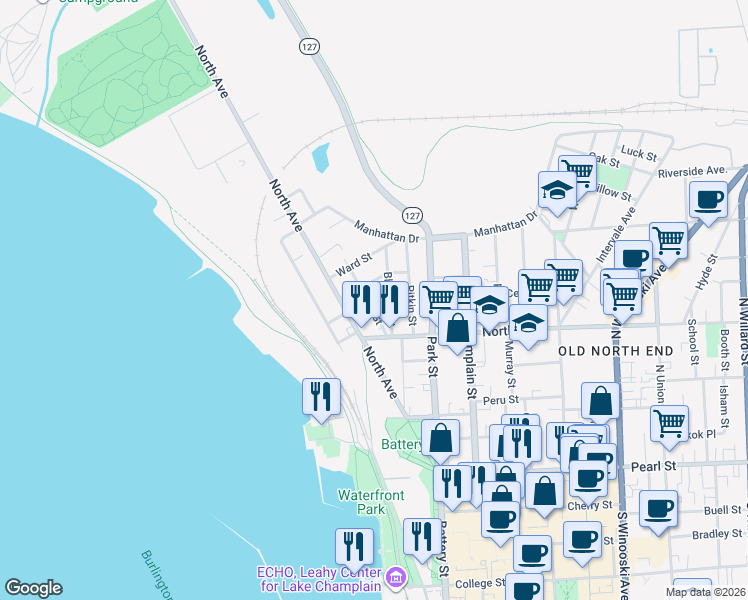 map of restaurants, bars, coffee shops, grocery stores, and more near 47 Drew Street in Burlington
