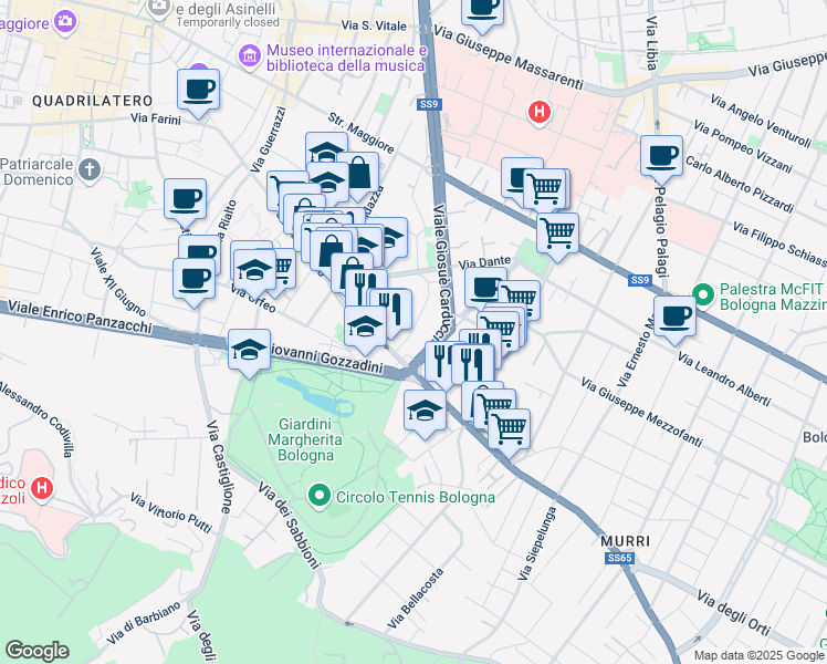 map of restaurants, bars, coffee shops, grocery stores, and more near 12 Via San Giuliano in Bologna