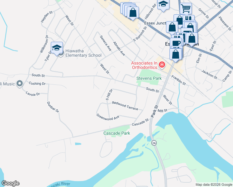 map of restaurants, bars, coffee shops, grocery stores, and more near 19 South Hill Drive in Essex