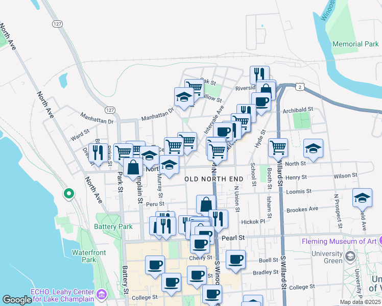 map of restaurants, bars, coffee shops, grocery stores, and more near 176 Elmwood Avenue in Burlington
