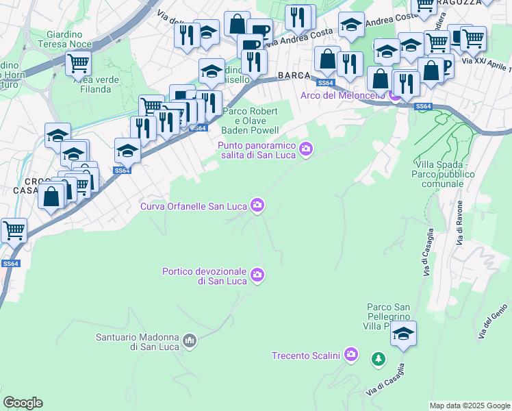 map of restaurants, bars, coffee shops, grocery stores, and more near 484 Via di San Luca in Bologna