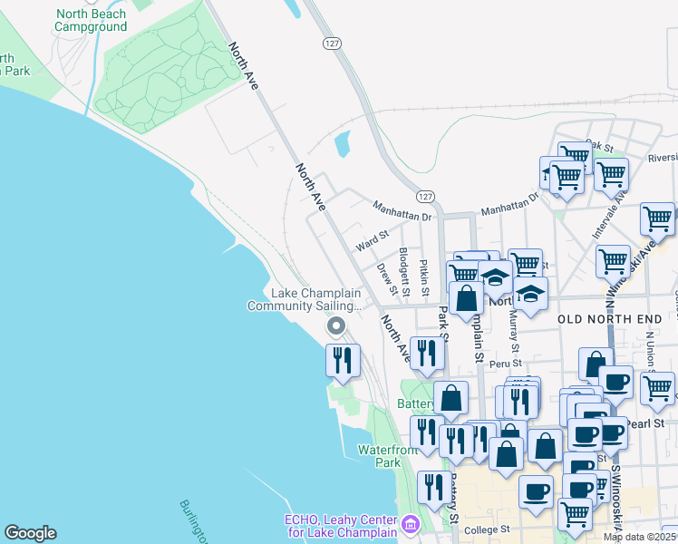 map of restaurants, bars, coffee shops, grocery stores, and more near 62 Lakeview Terrace in Burlington