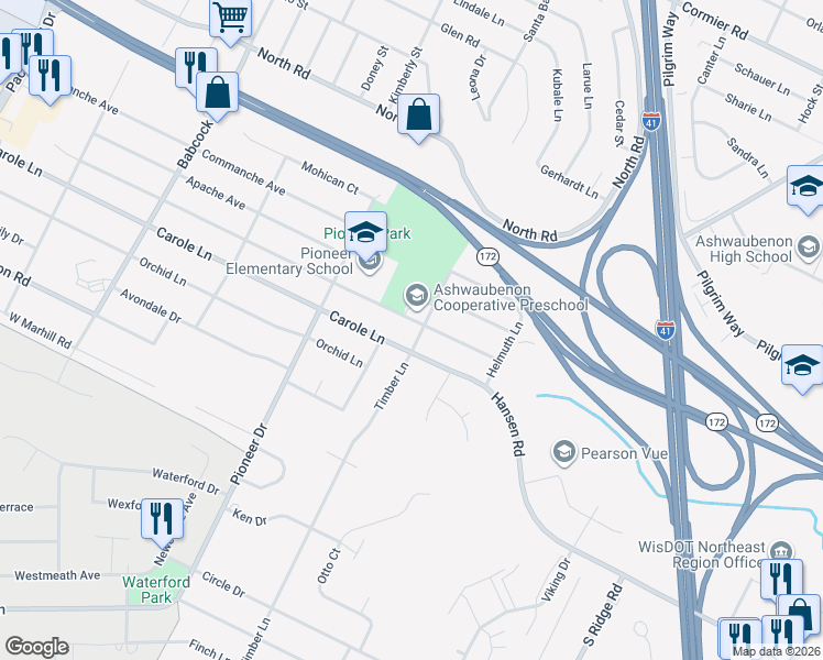 map of restaurants, bars, coffee shops, grocery stores, and more near 1309 Ponderosa Avenue in Ashwaubenon