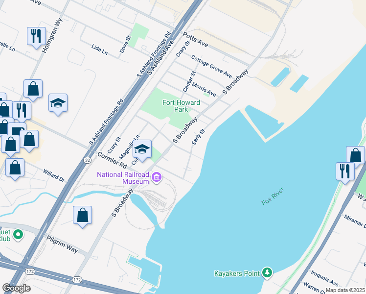 map of restaurants, bars, coffee shops, grocery stores, and more near 456 Collette Avenue in Ashwaubenon