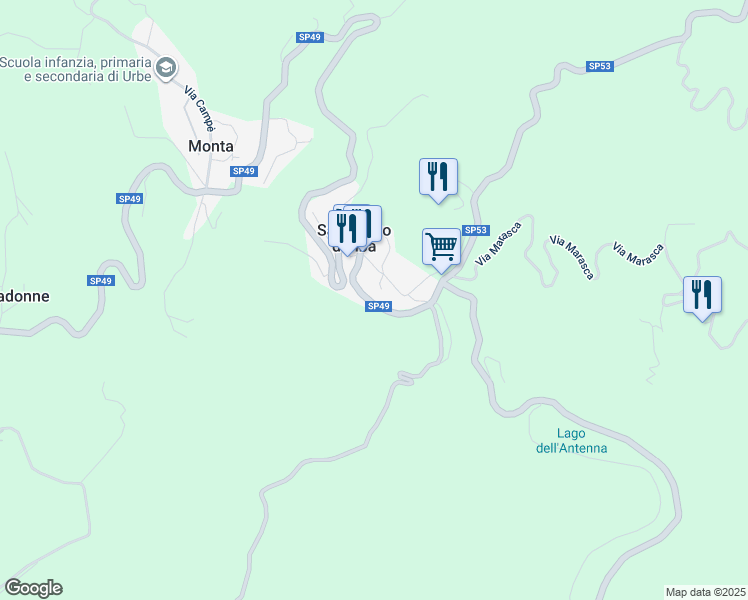 map of restaurants, bars, coffee shops, grocery stores, and more near 13 SP49 in San Pietro D'olba